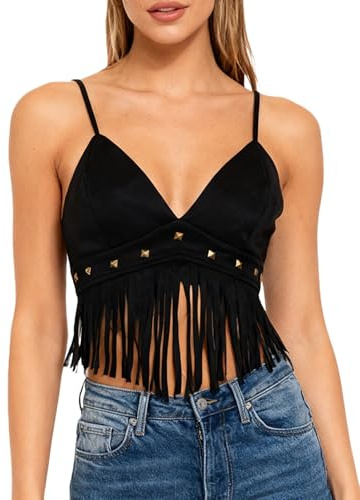 Lshyuehao Women's Y2K Fringe Sleeveless Halter Top Tassel Spaghetti Strap Faux Suede Vintage Hippie Crop Top Blouse
