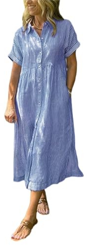 Robe Chemise rayée à col Revers et Boutonnage intégral, avec Poches fonctionnelles — Robe décontractée Ample à Manches Courtes pour Femme