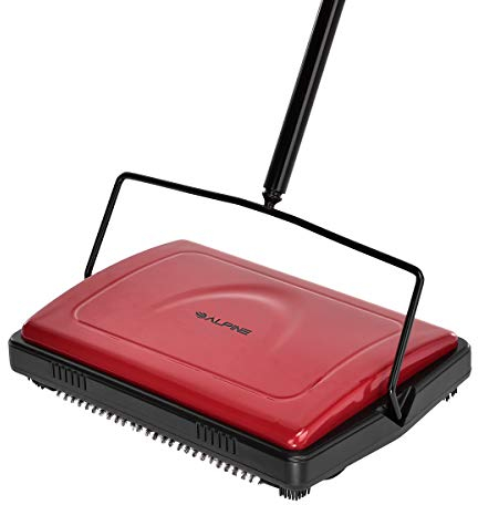 Alpine Industries Boden- und Teppichkehrmaschine mit drei Bürsten, strapazierfähig, nicht elektrisch, für mehrere Oberflächen, einfaches manuelles Kehren für Teppichböden (rot)