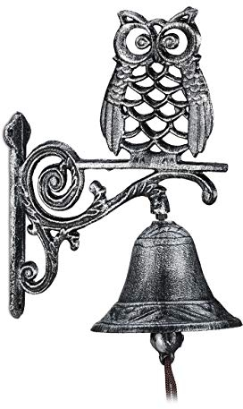 Relaxdays Türglocke Gusseisen, Eule, antikes Design, mit Kordel, wetterfest, Wandglocke für Haustür, Gartendeko, Silber, 26,5 x 19 x 11 cm