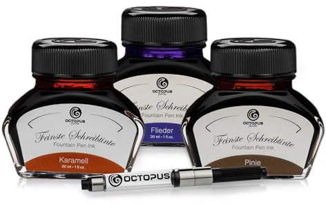 Octopus Schreibtinte Karamell, Flieder, Pinie, Füllhaltertinte im Tintenglas mit Konverter, Geschenkset Schreibtinte für Füller und Feder, Tinte zum Schreiben und Malen, 3 x 30 ml