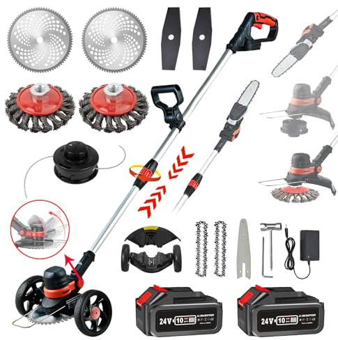 SHJICH Akku Rasentrimmer Mit Akku, 4-In-1 Multifunktion Rasentrimmer Akku, 8000mAh Freischneider mit Unkrautbürste, 24V Akku Freischneider, 115~165cm Teleskop-Stiel,für Garden,Unkraut,Rasen,Zweig