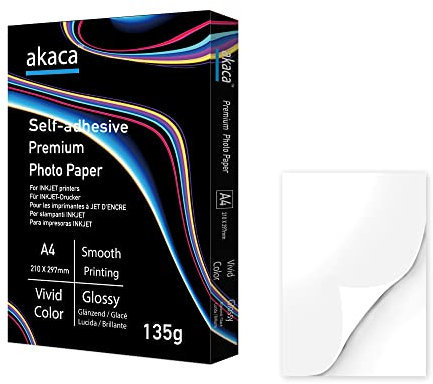 akaca Papel Adhesivo Brillante A4, 60 hojas, 135 g/m², Papel Fotográfico Imprimible para Todas Las Impresoras de Inyección de Tinta 210 x 297 mm