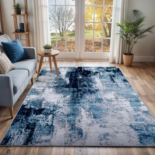 Livabliss Helsinki Abstract Rug - Area Rugs Living Room 200x274 cm, Dining Room, Lounge, Kitchen, Bedroom - Modern Marble Large Rug, Soft Luxurious Easy Care Medium Pile, Blue, Charcoal, White, Grey