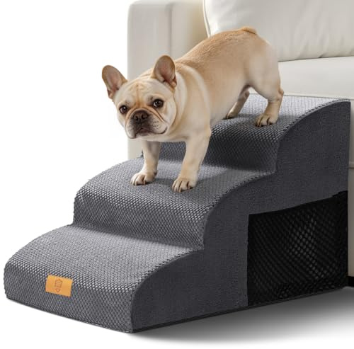 Thihome Escalera para Perros, Rampa de Espuma Alta Densidad para Mascotas, Escaleras para Perro de 3 Peldaños Rampa para Perros Pequeños y Gatos con Funda Lavable, Gris