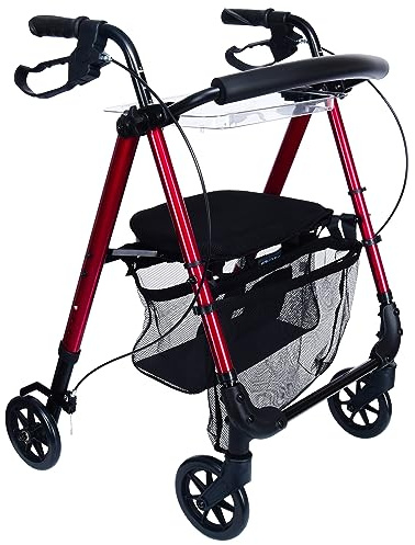 MOBILITY Plus+ Déambulateur d'intérieur ultra-léger IR10+ – Déambulateur pliable en aluminium – Rollator réglable avec accessoires (filet de transport & plateau amovibles) inclus – Rouge