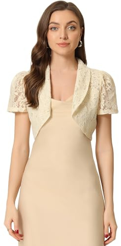 Allegra K Donna Coprispalle in Pizzo Floreale per Colletto con Bavero Maniche Corte Elegante Cardigan Bolero Beige XS
