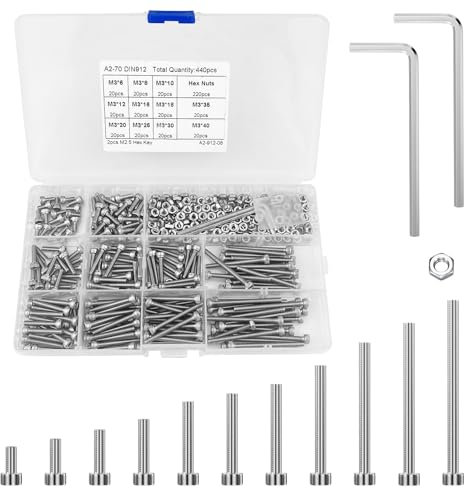 Traxenta Tornillos(440Pcs), Tornilleria de Acero Inoxidable, M3 Tornillo y con Tuerca Cabeza Hexagonal, Allen de Cabeza Juego de Tuercas Hexagonales, para Electrónica Industrial, Oficina en Casa