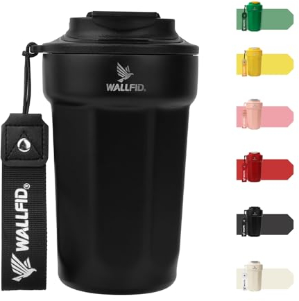 WALLFID Tazza da viaggio 14oz/450ml, Tazza da caffè isolata con coperchio a tenuta stagna e stampi per ghiaccio circolari, Tazza da caffè per auto (Ombra Nera)