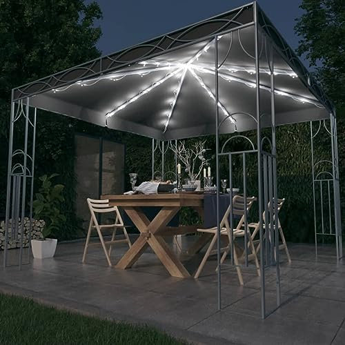 Gecheer Cenador con cadena de luces LED, 300 x 300 cm, antracita, cenador de exterior, toldo, pérgola con tela, pabellón de jardín, tienda para fiestas, cenador para barbacoa, A3070339