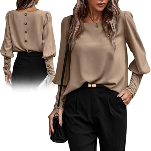 Dekorativ långärmad knapp blus med rund hals, veckad långärmad rund hals blus, elegant elegant puffärm rund hals toppar