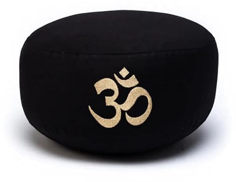 PURE SHANTI Meditationskissen, Bio-Baumwolle, Buchweizenspreu-Füllung, Rund, Schwarz mit OM-Symbol