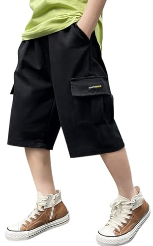 Boys Cargo Shorts Kids Age 8-15 Years Summer Lightweight Baggy Trousers Shorts for Teenage Boys Elastic Waist Pockets Stretchy Comfy Casual Athletic Beach Pants (14-15 Years, Black)