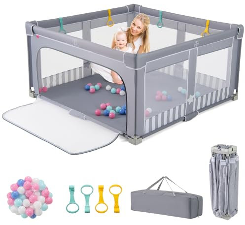 COSTWAY Parque Infantil Bebé, 150 x 150 cm, Corralito bebe Plegable con Puerta con Cremallera, 50 Bolas Oceánicas y 4 Anillos de Sujeción, Red Ventilada, Centro de Actividades para Niños (Gris)