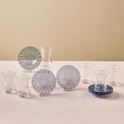 Karaca Luna - Juego de 12 vasos de té turcos para 6 personas (juego Cay Bardagi), vasos de té y platillos en azul claro moderno
