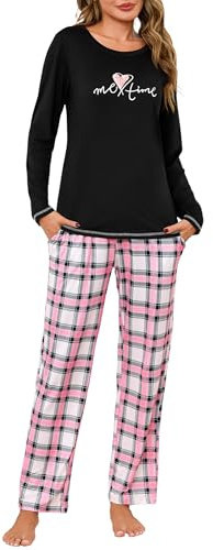 Leversic Pyjama Femme Hiver Manches Longues Haut Imprimé et Pantalon Long à Carreaux Ensemble Confortable pour la Maison Noir XXL