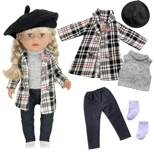 5 Stück Baby Puppen Puppenkleidung 35-43 cm, Schwarze Streifen Kleidung Outfits für 14-18 Zoll Baby Puppen mit Oberbekleidung Weste Hose Baskenmütze Socken Strickmütze und Socken (Ohne Puppe)