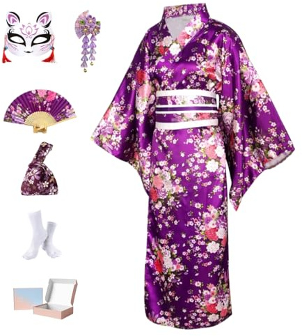 Completo Yukata Kimono Donna Giapponese in Raso Setoso, 8 Pezzi in Scatola Regalo - Costume Geisha Elegante Fiore di Ciliegio Viola, Abito Cosplay Anime per Carnevale, Feste, Festival, Fotografia
