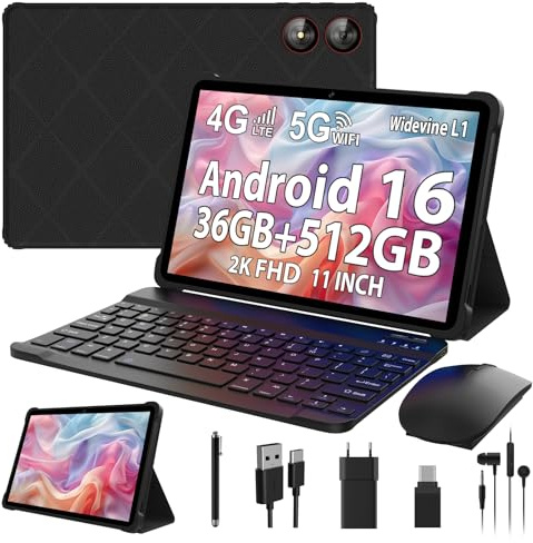 SADSYMB 2026 2K Tablet 11 Pulgadas con Android 16, 36GB RAM+512GB ROM (1TB TF), Octa-Core, 4G LTE/5G WiFi, 2000 x 1200 Incell, Widevine L1/8000mAh/13MP+8MP/GPS, Tablet con Teclado+Ratón(Noir)