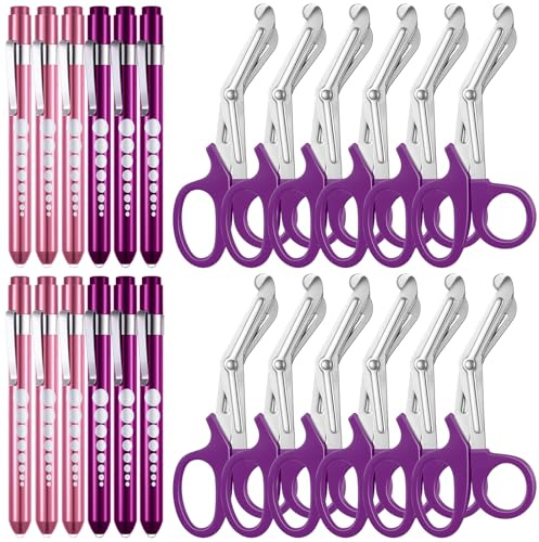 Chumia Paquete de 48 tijeras de trauma y luz de bolígrafo para enfermeras, tijeras de enfermería con calibre de pupila, tijeras de enfermería y linterna LED, accesorios de enfermería a granel para el