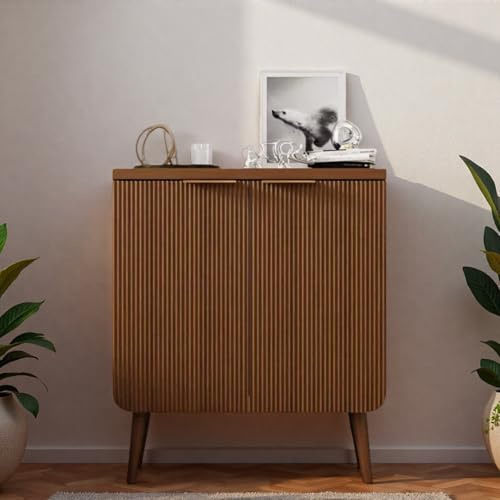 ComeWay 23.6 Modern Fluted Sideboard Cabinet with 2 Doors, Wood Storage Credenza with Shelves, Multi-Purpose Buffet Cabinet for Entryway, Dining & Living Room, Walnut