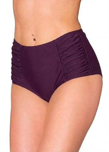 Aquarti Bikinihose Damen mit Hoher Taille und Raffung – Klassische Bikinihosen für Damen in Uni-Farben, Farbe: Pflaumen-Bordeaux, Größe: 44