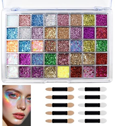 Palette di Ombretti Glitter 40 Colori,Tavolozza di Trucco Glitter,Trucco per Viso e Corpo con 10 Pennelli,Face Painting Bambini per Halloween,Carnevale, Pasqua,Natale