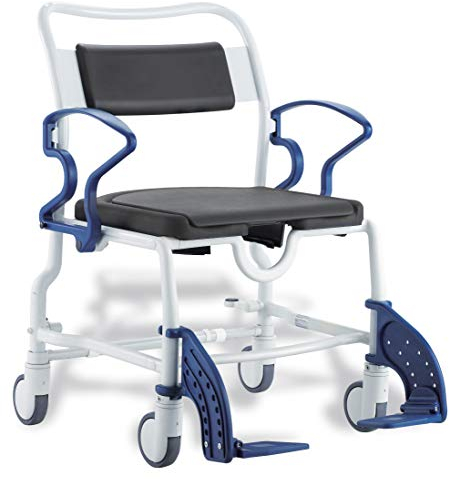 FabaCare Dusch- Toilettenrollstuhl Dallas XXL, bis 200 kg, made in Germany, Premium Toilettenstuhl, Duschstuhl fahrbar, Rollstuhl mit WC Eimer, Grau-Blau, Grau-Blau