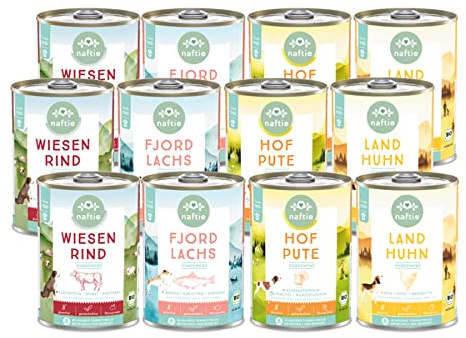 naftie Bio Hundefutter Mischpakete - purinarmes Nassfutter Sparpakete - glutenfrei - für Adulte & Senior Hunde - fettarm - 12x 400g