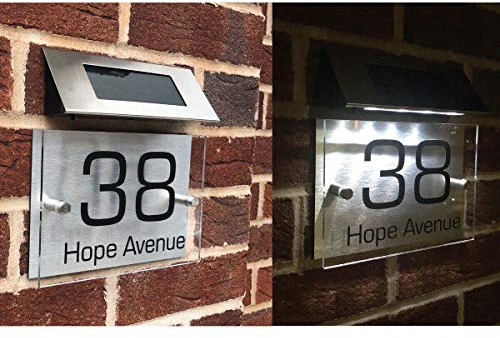 PERSONALISED HOUSE SIGN PLAQUE DOOR NUMBER SOLAR LIGHT STREET ACRYLIC ALUMINIUM NAME