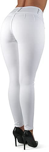 Women's Junior Plus Push-Up Butt Lifting Solid Mid Rise Stretchy Skinny Colombian Jeans David-M (H&Y White H-127, 9)