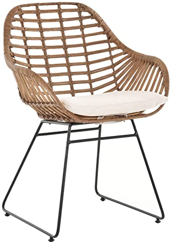 Korb-Sessel Retro-Stil Rattan Club-Sessel 50er Eisen-Gestell Korbstuhl mit Armlehne (Hell-Braun mit Kissen)