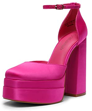 DREAM PAIRS Women’s High Chunky Platform Closed Toe Block Heels Square Toe Ankle Strap Dress Wedding Party Pumps Shoes Aurelia,Size 5.5,Rose Red-Satin,SDPU2319W