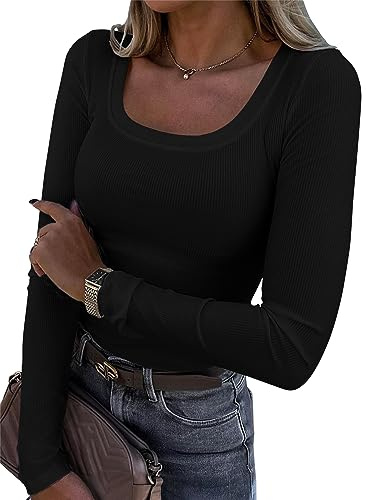 Roselux Womens Long Sleeve Scoop Neck Ribbed Knit Fitted Casual Tops Tee Slim Basic Shirts(3924,Black-M)