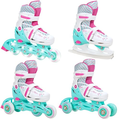 RAVEN - Inline-skridskor för barn och vuxna - Triskates, rullskridskor 4-i-1 med skridskor - Justerbara skridskor för barn och vuxna - Loret Mint/Pink, 34-37 (21,5-24 cm)