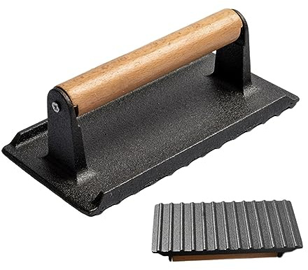 woyufen Pressa per Grill in ghisa – Pressa per Bistecca Rettangolare Robusta con Manico in Legno, Cucina, Utensili da griglia, per Viaggi all'aperto, Picnic, Campeggio