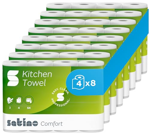 Satino Küchenrolle 2-lagig – 32 Rollen – 64 Blatt pro Rolle - saugstark, reißfest & besonders weich dank feinstem Zellstoff – Made in Germany - Küchentücher Vorrat - Reserve