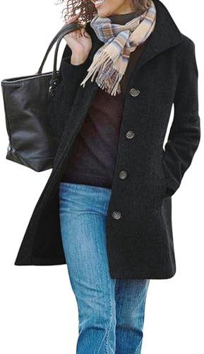 CHARTOU Women's Casual Thicken Wool Blend Stand Collar Single Breasted Pea Coat (Medium, Black)