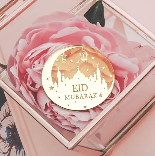 EID Mubarak Cupcake Toppers - Mirror Acrylic Engraved Discs for Iftar Party and Ramadan Kareem - Pack of 6