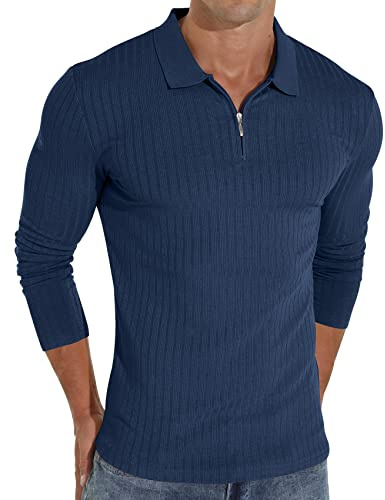 Sailwind Polos à fermeture éclair pour hommes manches longues coupe ajustée chemises décontractées extensibles tricot côtelé chemise zippée, bleu, XXL
