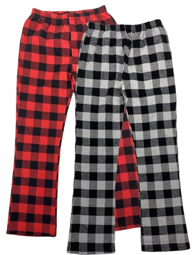 LANBAOSI Boys Pyjama Bottoms Kids 2 Pack Checked Cotton Flannel Trousers | Plaid Lounge, Brushed Flannel, Elasticated Waistband, Loose Leg, All-Over Checked, Cosy for Cold Nights, Machine Washable