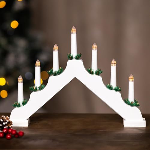 Marco Paul White Battery Operated Wooden Christmas Candle Arch - 7 LEDs Xmas Candle Bridge with Warm White Lights & Timer - Traditional Indoor Christmas Decorations & Window Candle Lights