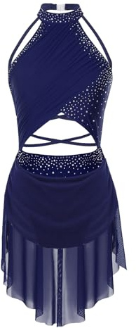 Oyolan Femme Robe Patinage Artistique Strass Justaucorps Gymnastique Robe Danse Latine Costume Danse Contemporaine S-XXL A Bleu Marine S