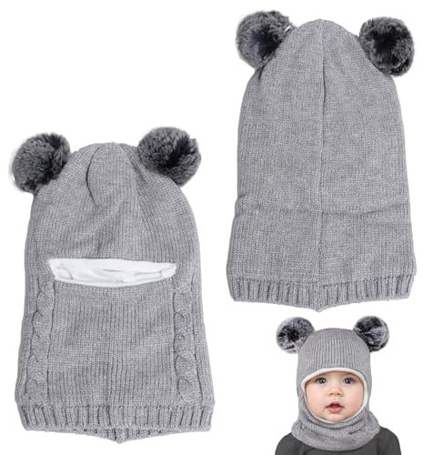 HEOUCH Schlupfmütze Kinder, Babymütze Winter, Niedlich Schalmütze, Gestrickter Mütze, Babymütze Winter, mit Bommel Fleecefutter Beanie Mütze für Baby