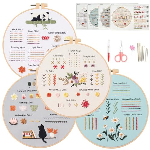 Myfelicity 4 Embroidery Kits for Beginners, 30 Stitches,There are Patterns of Flowers, Pandas, and Cat， Printed Fabric, Threads, Needles, Hoop, Video Tutorials