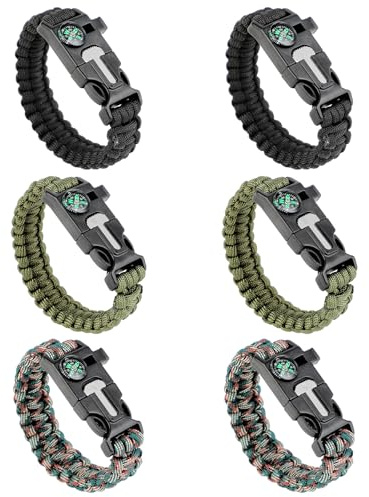 KITDAHOM Set da 6 Braccialetto Sopravvivenza 5-in-1 – Bracciale Paracord con Bussola, Fischietto, Accendifuoco e Raschietto in Alluminio – Kit Emergenza (26x3cm) per Campeggio (Nero, Verde, Camo)