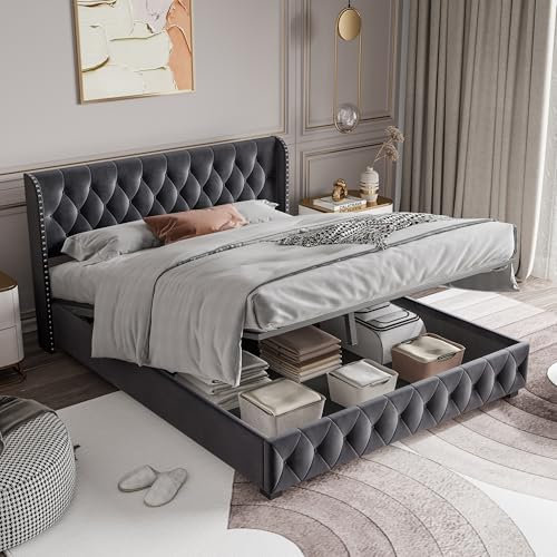 BONUIE Doppelbett Polsterbett 160 x 200 cm, Hydraulisch Stauraumbett mit Großer Stauraum, Jugendbett mit Kopfteil, für Erwachsene und Jugendliche, Grau, Ohne Matratze