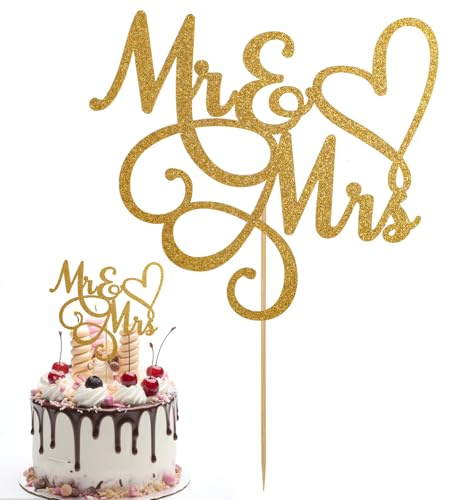Mr & Mrs Cake Topper Bride and Groom Sign Toppers Gold Glitter Love Cake Decorations for Wedding Engaged Anniversary Letter Cupcake Topper Theme Party Supplies