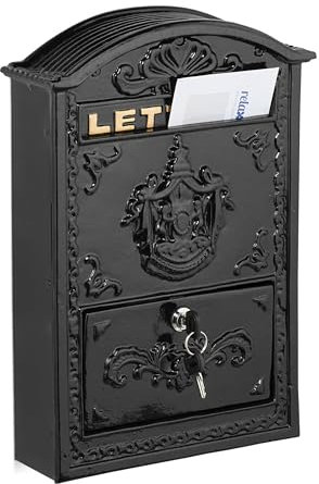 Relaxdays Buzón Exterior Vintage, Casillero Correo Adornado, 42 x 28 x 10 cm, Ranura Cartas A4, 2 Llaves, Negro/Dorado, Hierro, Aluminio