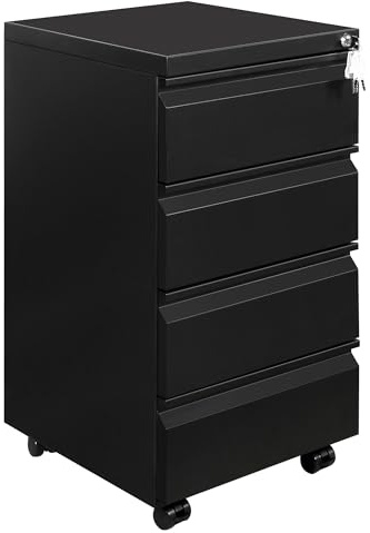 HOMSTEEL Rollcontainer, Mobiler Aktenschrank mit Schloss, 4 Schlüssel, 4 Schubladen, Büroschrank aus Metall, Bereits Vormontiert, für Büro, Heimbüro, Schwarz